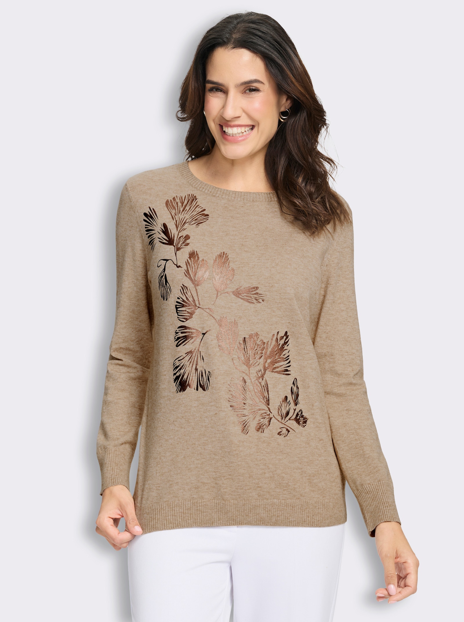  Feinstrickpullover mit Foliendruck vorn - beige-bedruckt