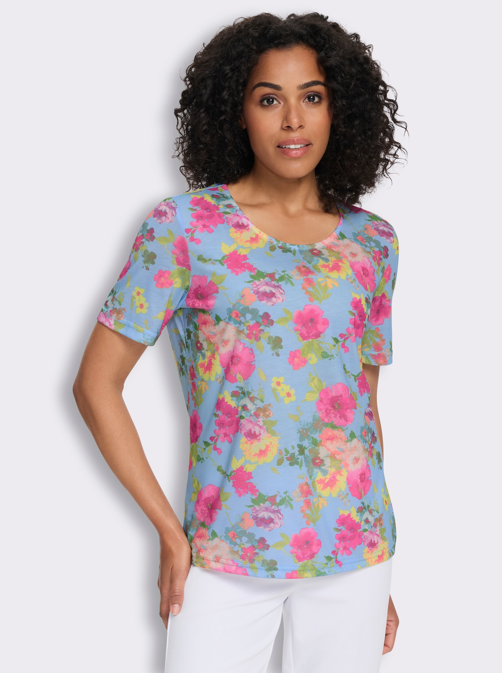 Shirt met ronde hals en bloemetjesprint rondom - aquamarine/fuchsia bedrukt