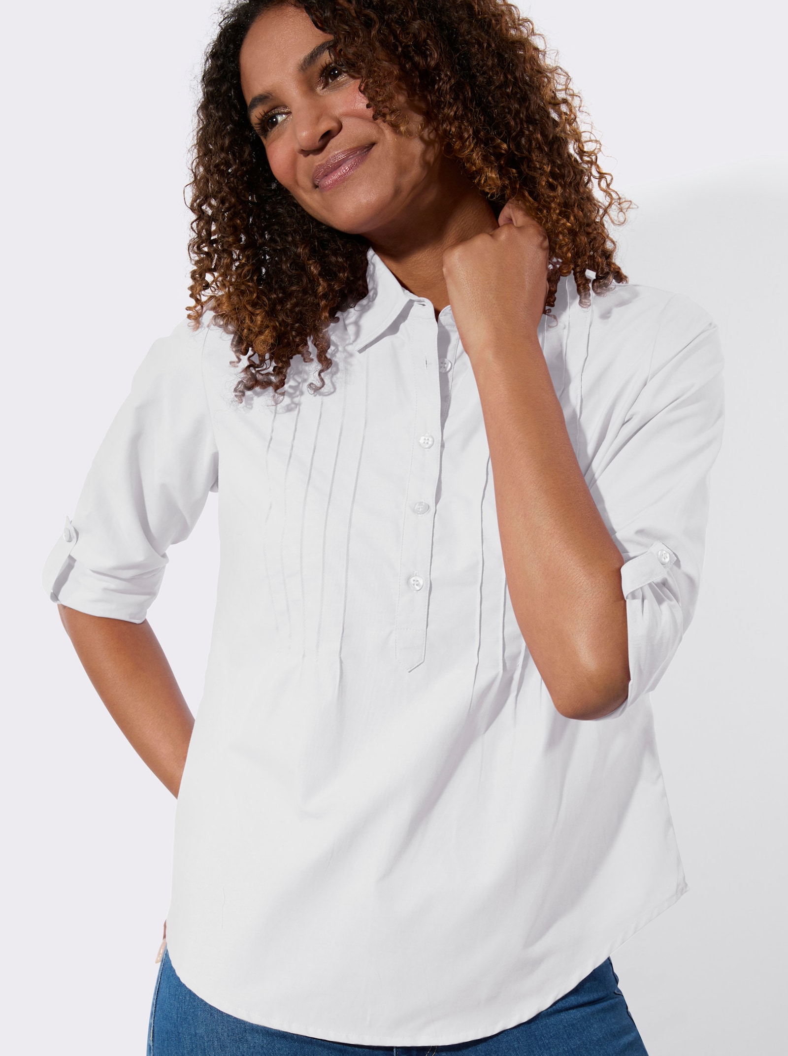 Hemdbluse mit krempelbaren Ärmeln - ecru