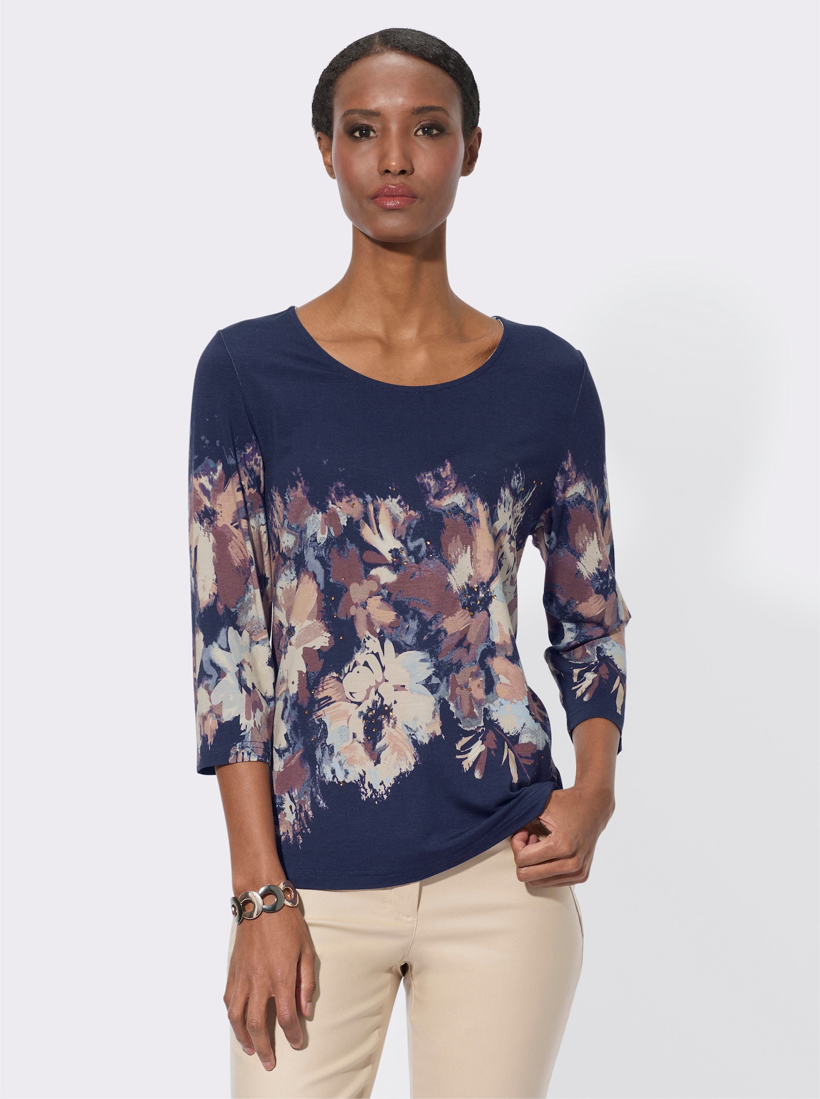 3/4-Arm-Shirt mit Glitzersteinchen-Verzierung - marine-champagner-bedruckt