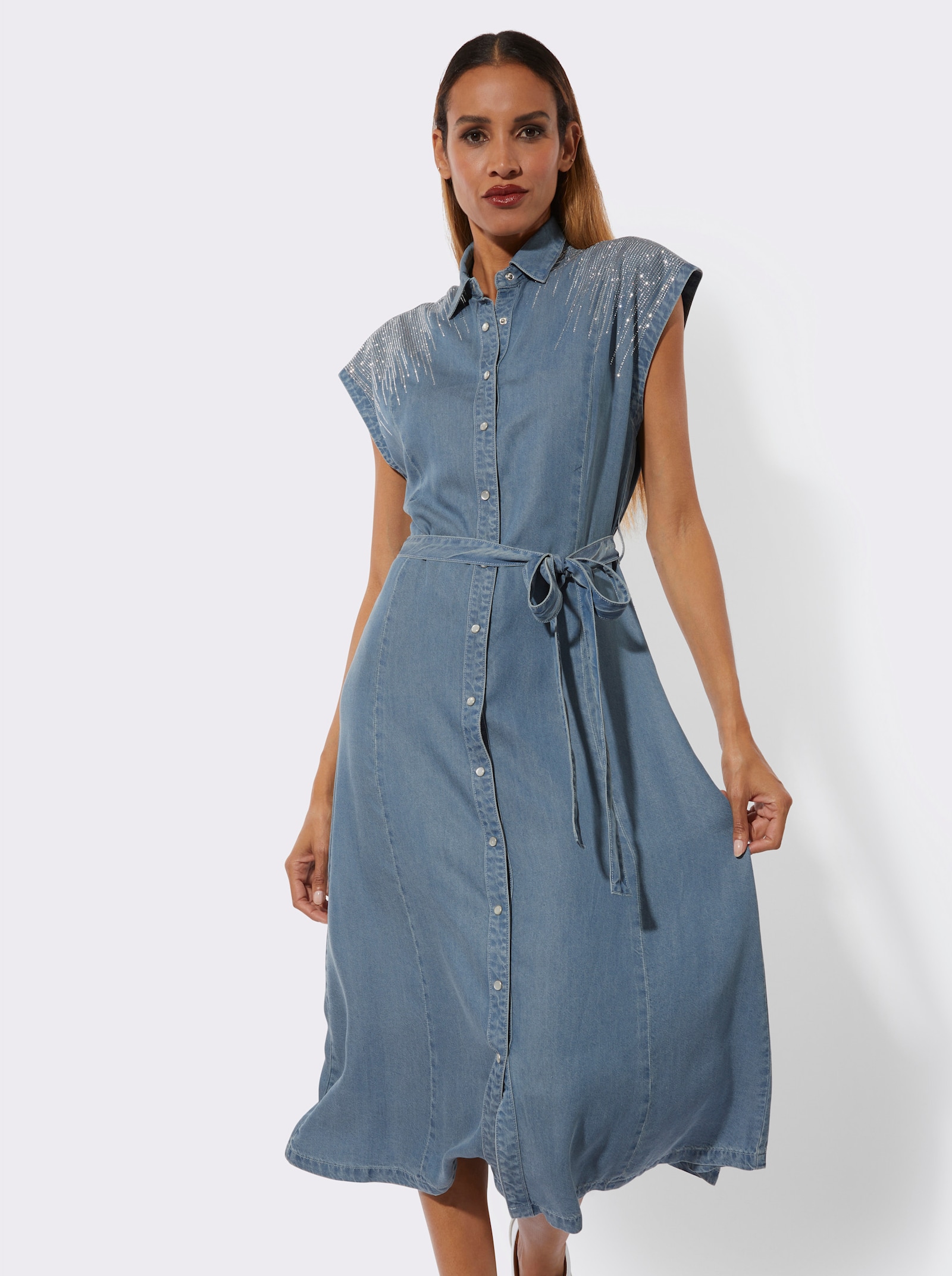 Jeansjurk met glittersteentjes voor en achter - blue-bleached