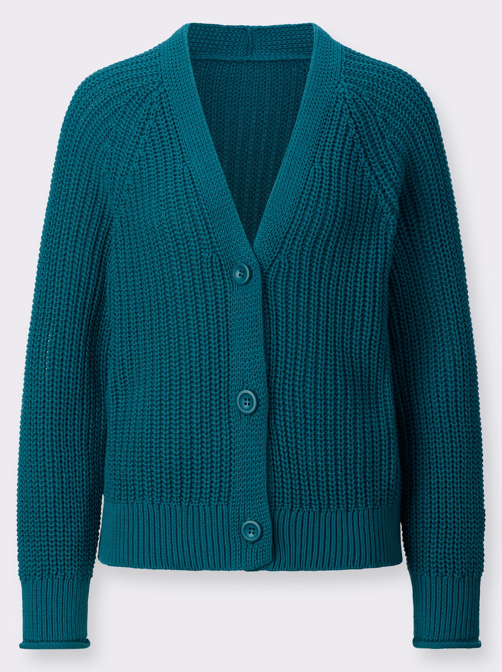 Pletený kabátek se vzorem hrubého úpletu - světlá petrolejová