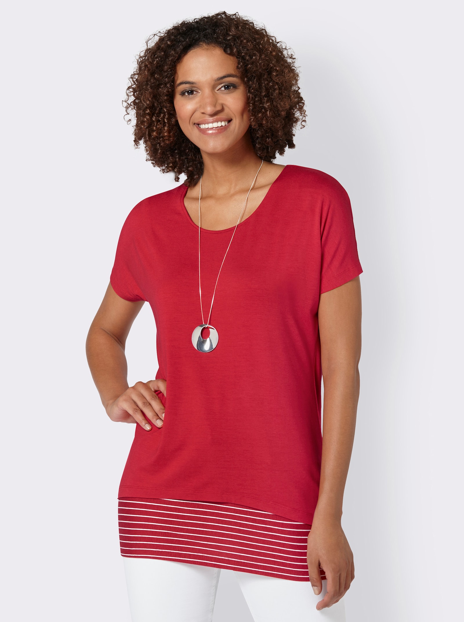 2-in-1-Shirt mit Ringel-Top - rot
