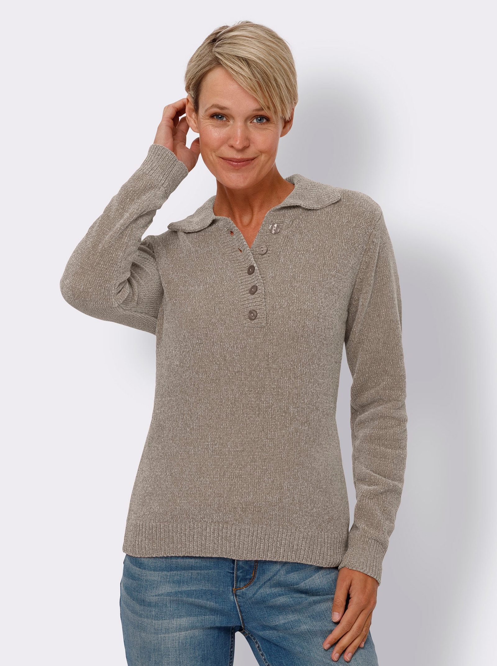 Polopullover aus Chenillegarn - sesam