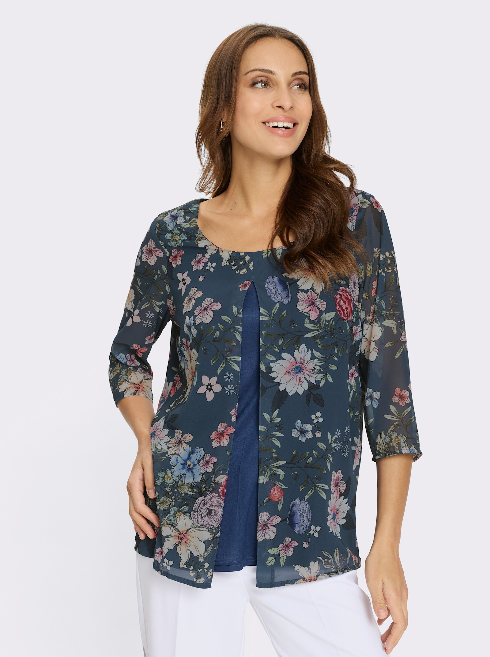 Druckbluse in 2-in-1-Optik - dunkelblau-orchidee-bedruckt