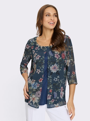 Druckbluse in 2-in-1-Optik - dunkelblau-orchidee-bedruckt
