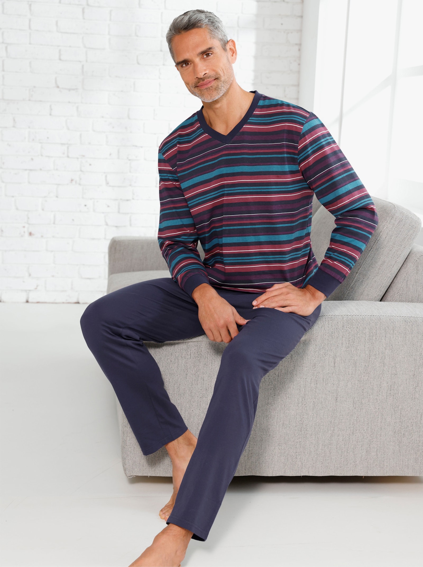 Schlafanzug mit Streifen-Muster, Single-Jersey - marine-topas-geringelt