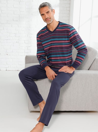 Schlafanzug mit Streifen-Muster, Single-Jersey - marine-topas-geringelt