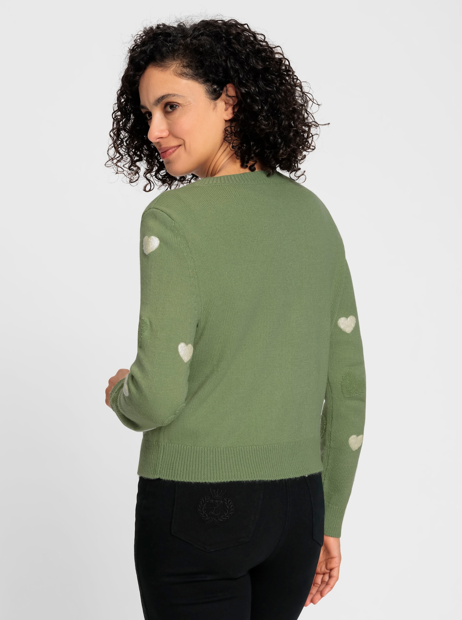 Strickjacke mit Herzchen-Applikationen - eucalyptus-ecru-gemustert