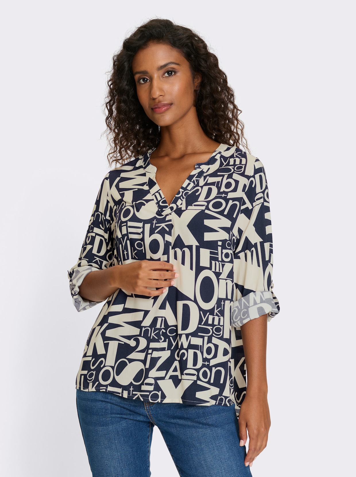 heine Druckbluse - champagner-marine-bedruckt