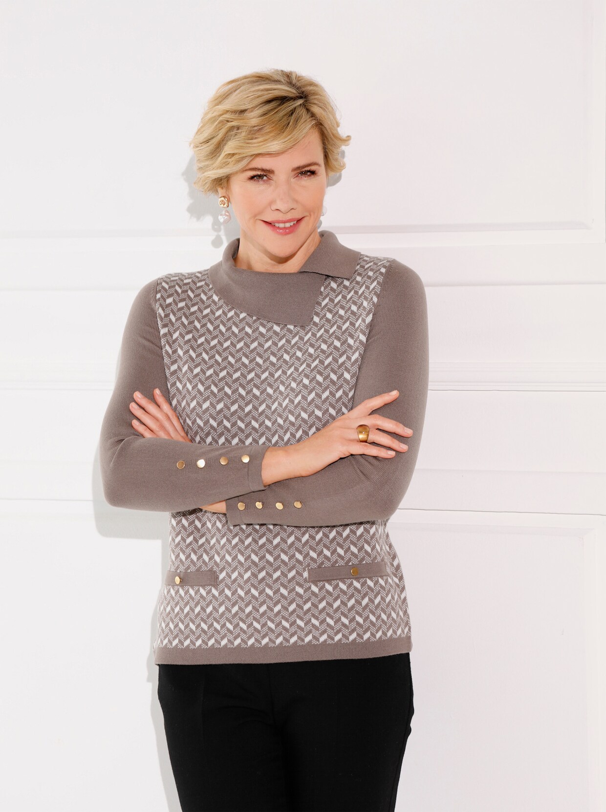 Jacquardpullover - taupe-ecru-gemustert