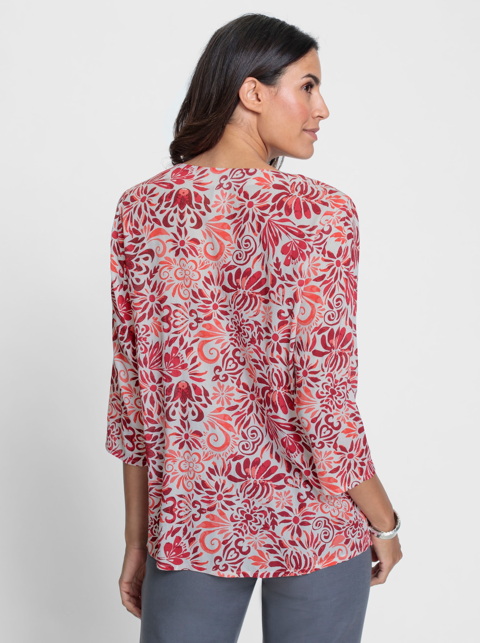Druckbluse mit Kellerfalte - dunkelrot-kirsche-bedruckt
