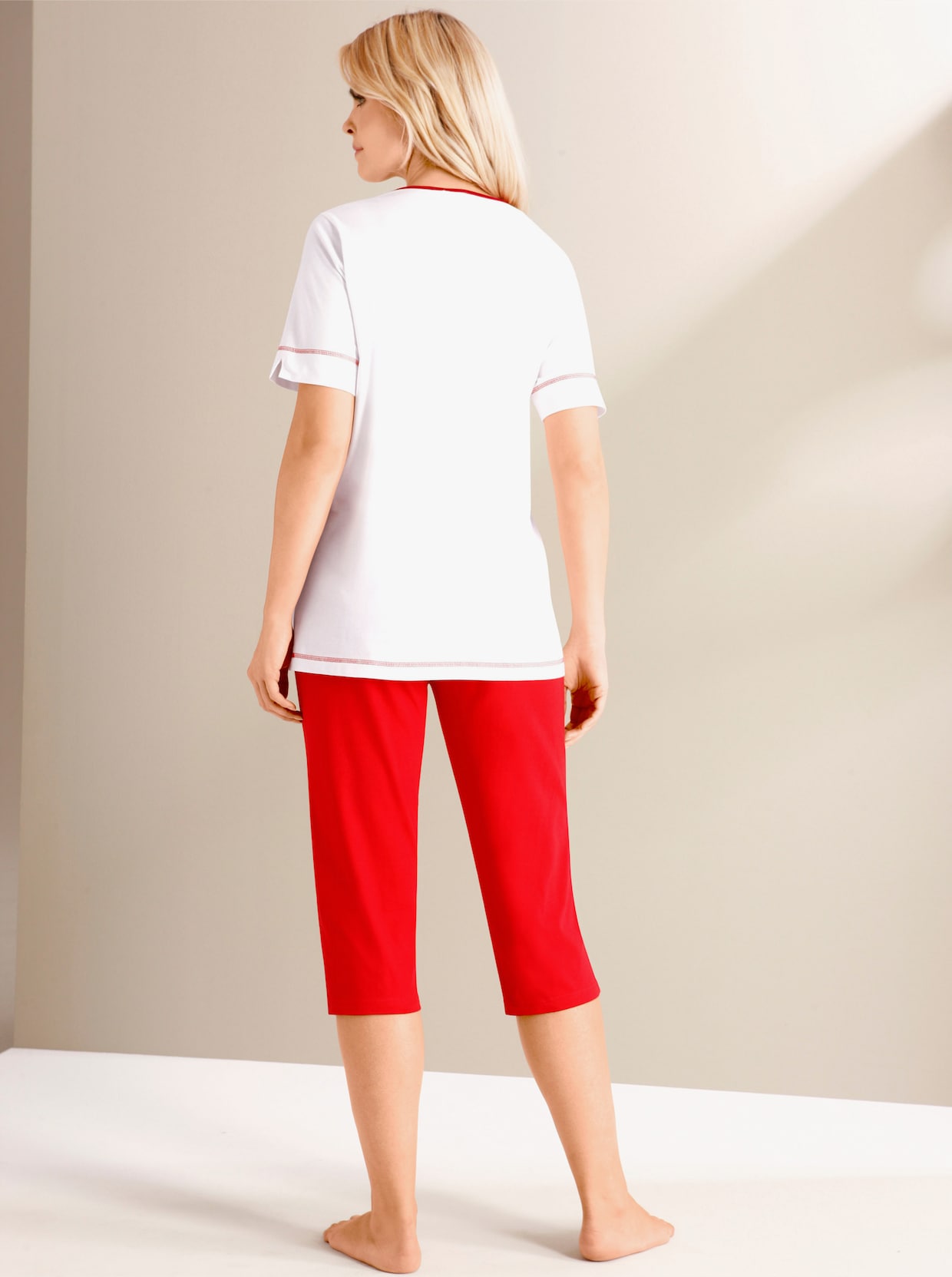 Pyjamas med capribyxa - röd-vit, tryckt
