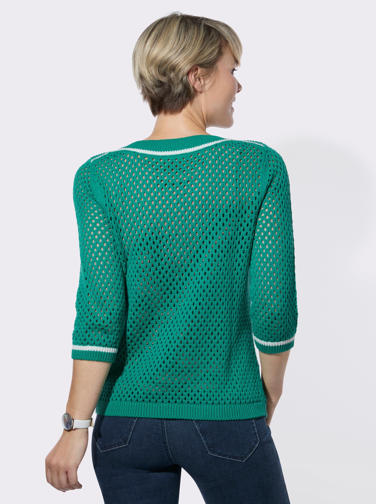 3/4-Arm-Pullover mit Ajourstrickmuster - smaragd