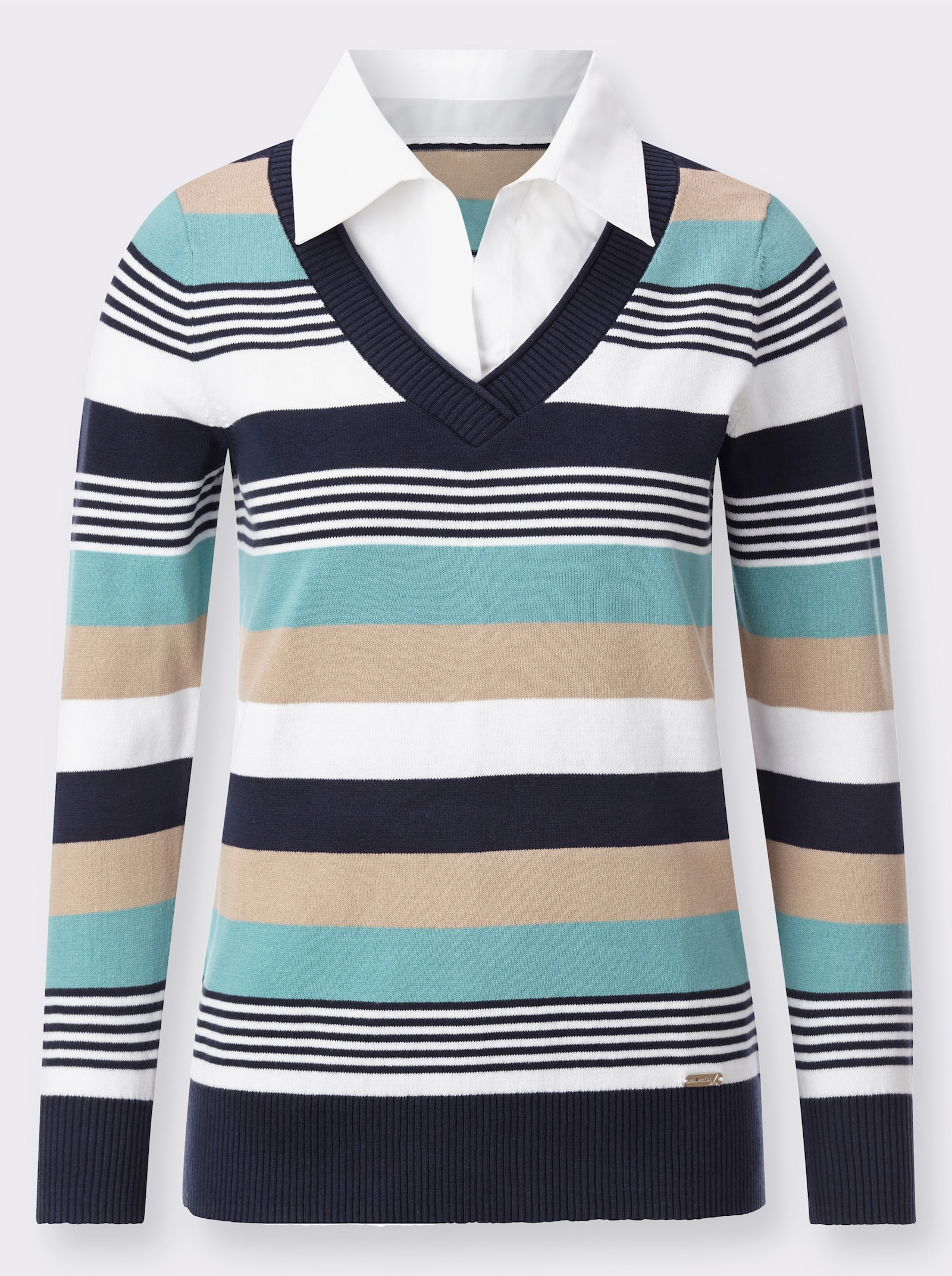  V-Ausschnitt-Pullover in 2-in1-Optik - marine-ozean-gestreift