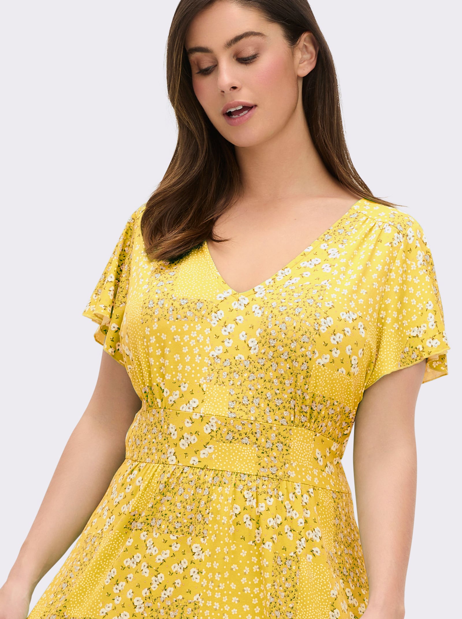 Jerseykleid mit Flügel-Ärmeln - sonnengelb-champagner-bedruckt