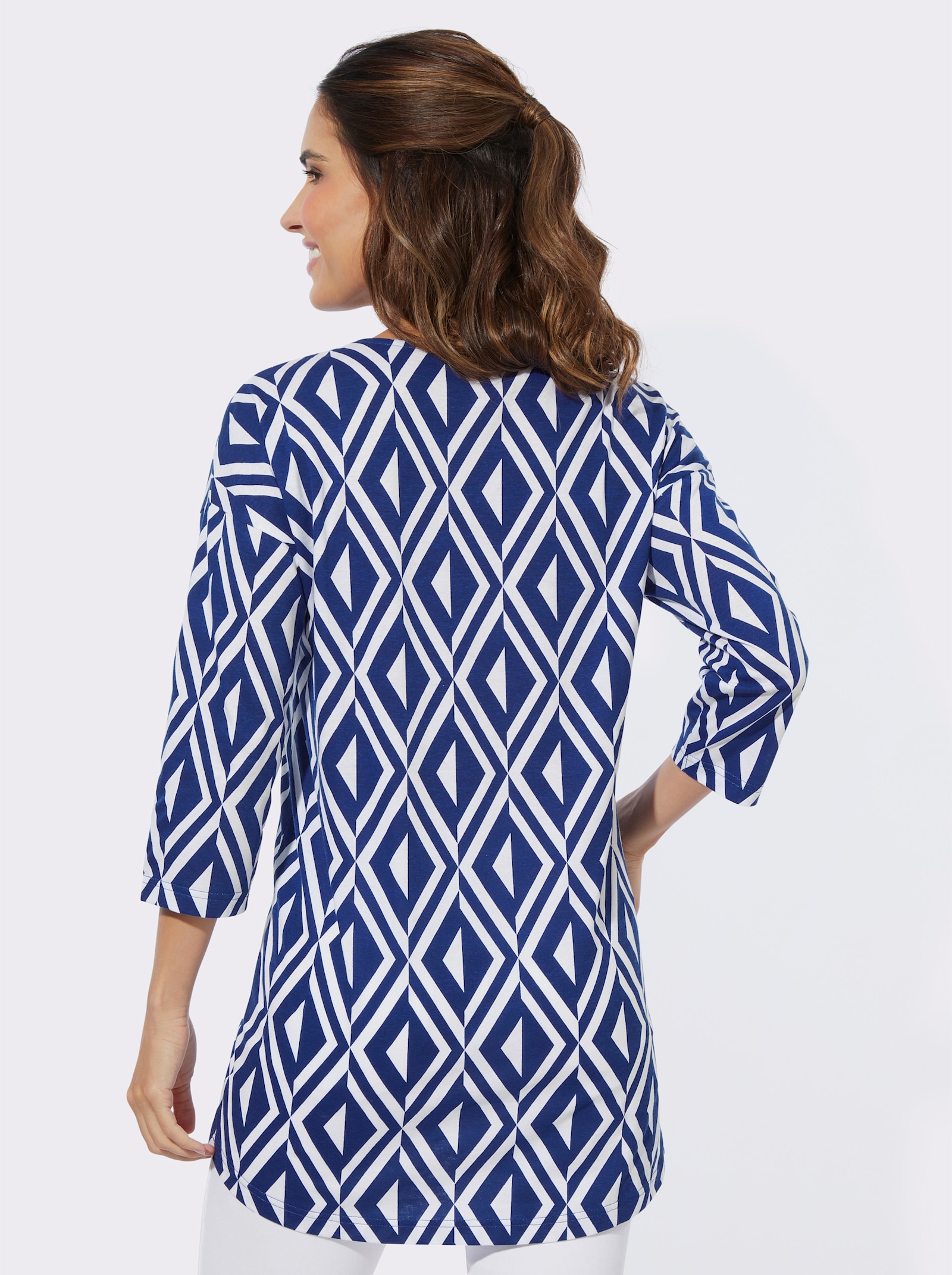 Longshirt in A-Form - royalblau-ecru-bedruckt