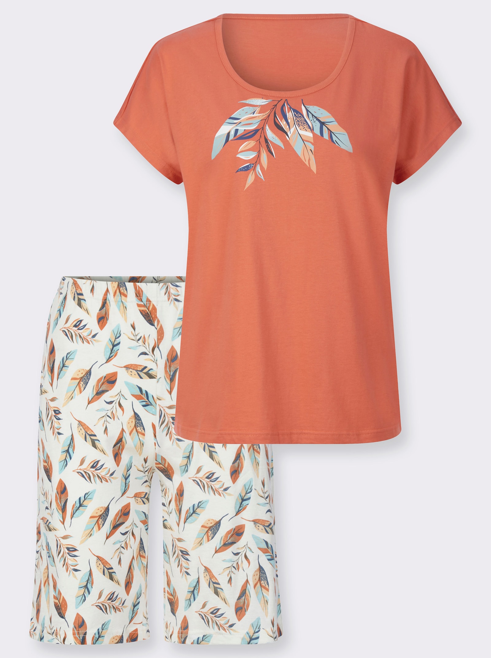 Krátké pyžamo s motivem peří - papája-potisk