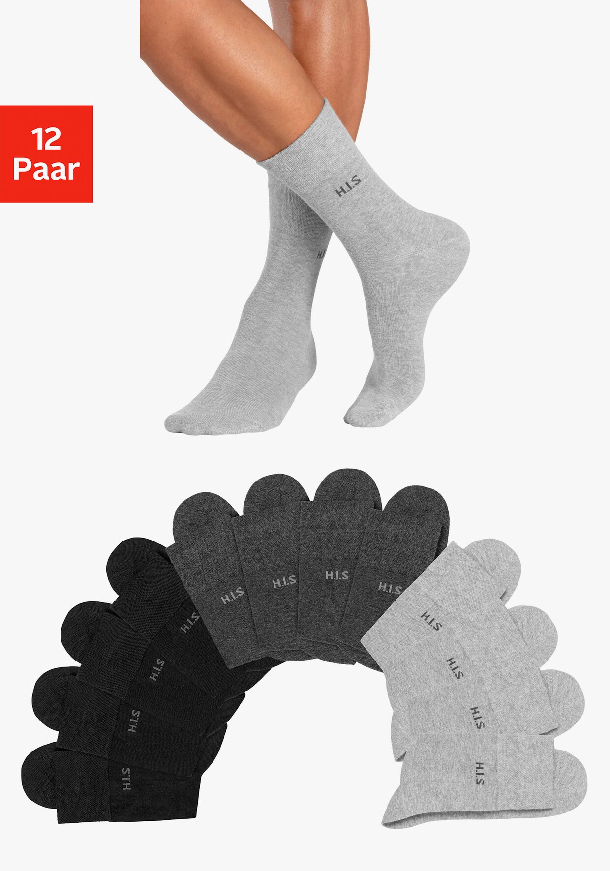 H.I.S Socken - 4x schwarz, 4x anthrazit-meliert, 4x grau-meliert