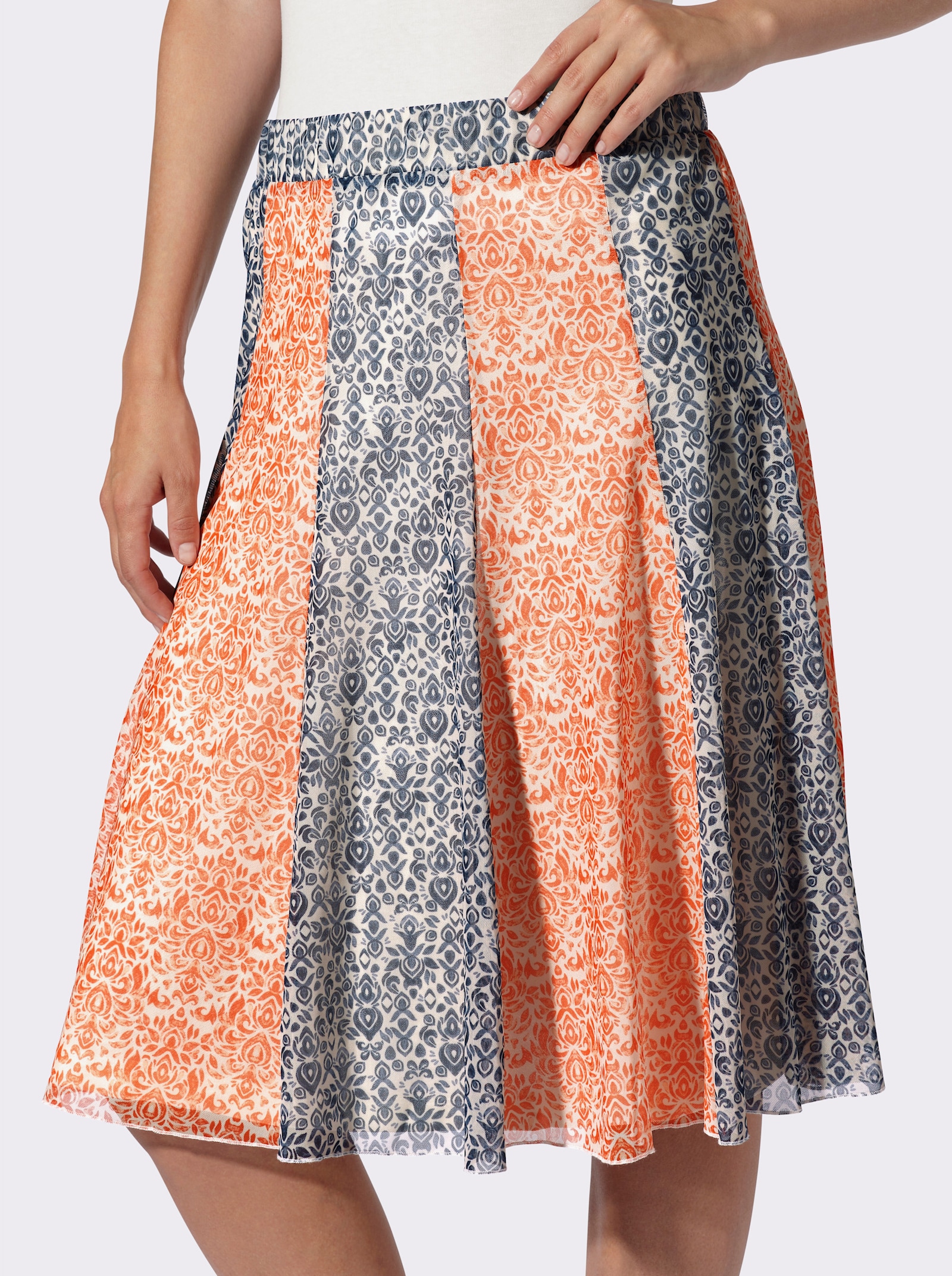 heine Bahnenrock in Mesh-Qualität - orange-taubenblau-bedruckt