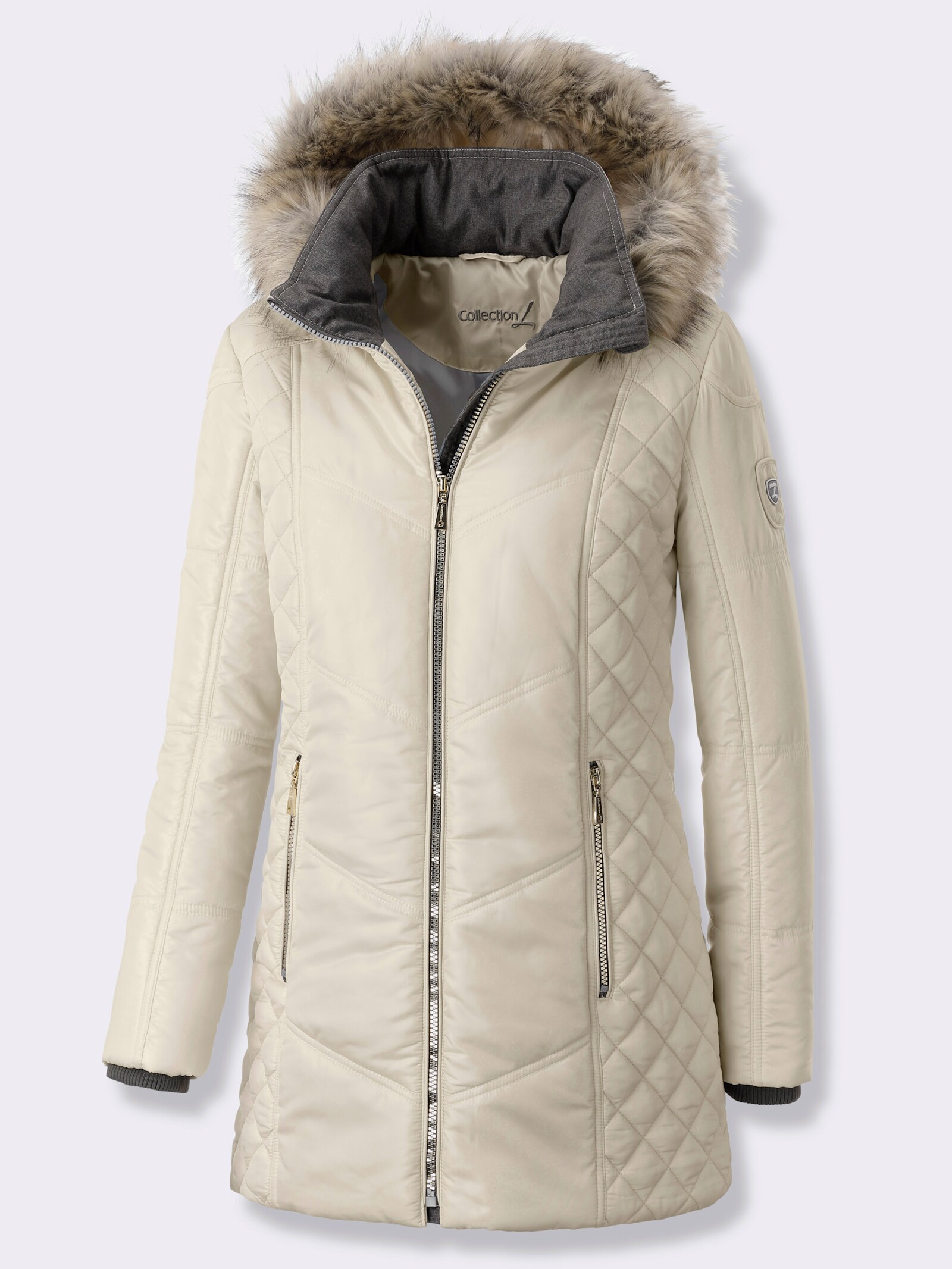 Steppjacke mit Kapuze mit Pelz-Imitat - sand