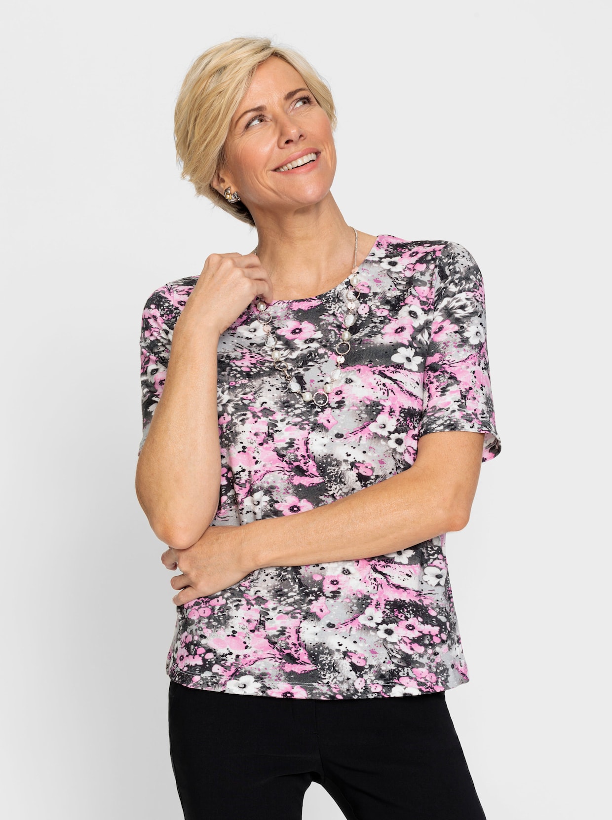 Shirt met ronde hals - grijs/roze geprint