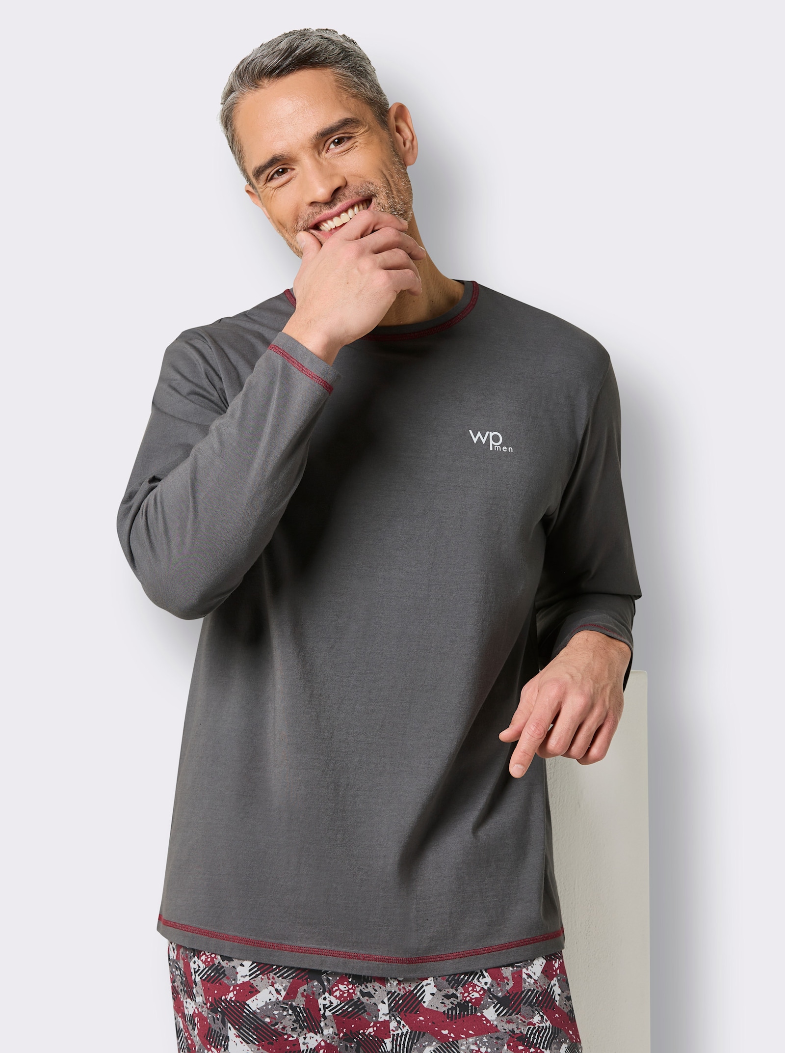 wäschepur men Schlafanzug - anthrazit-dunkelrot-bedruckt