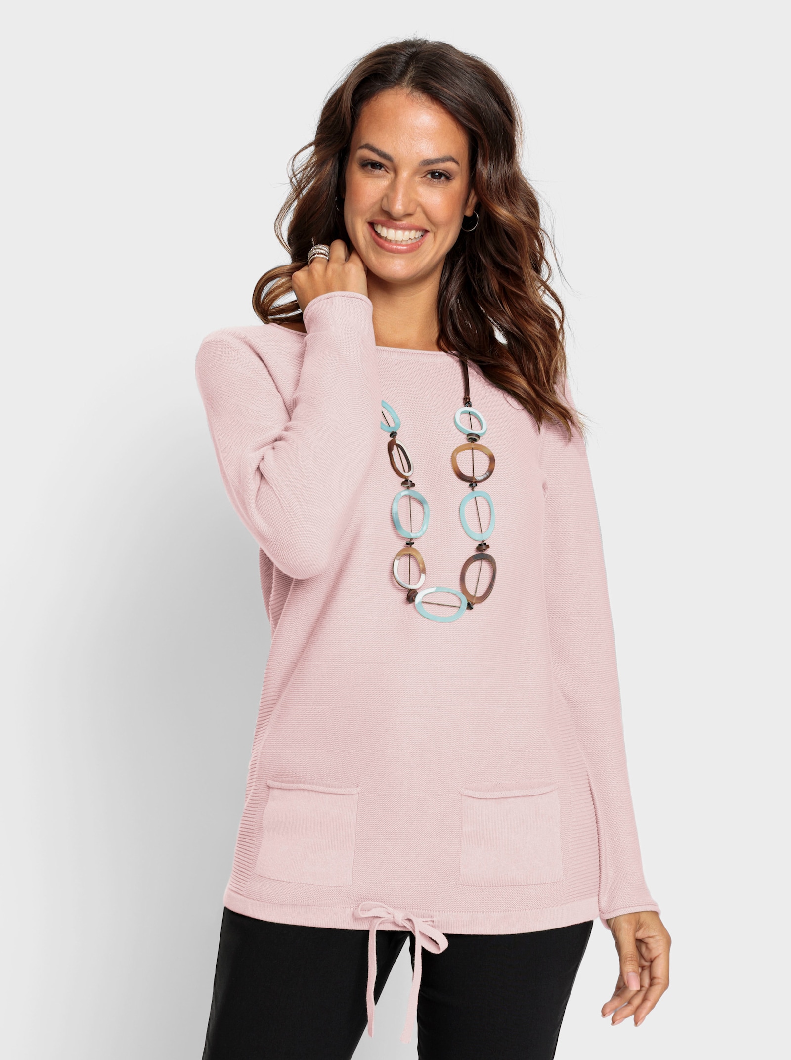 Feinstrickpullover mit seitlichen Ripp-Einsätzen - hellrosé