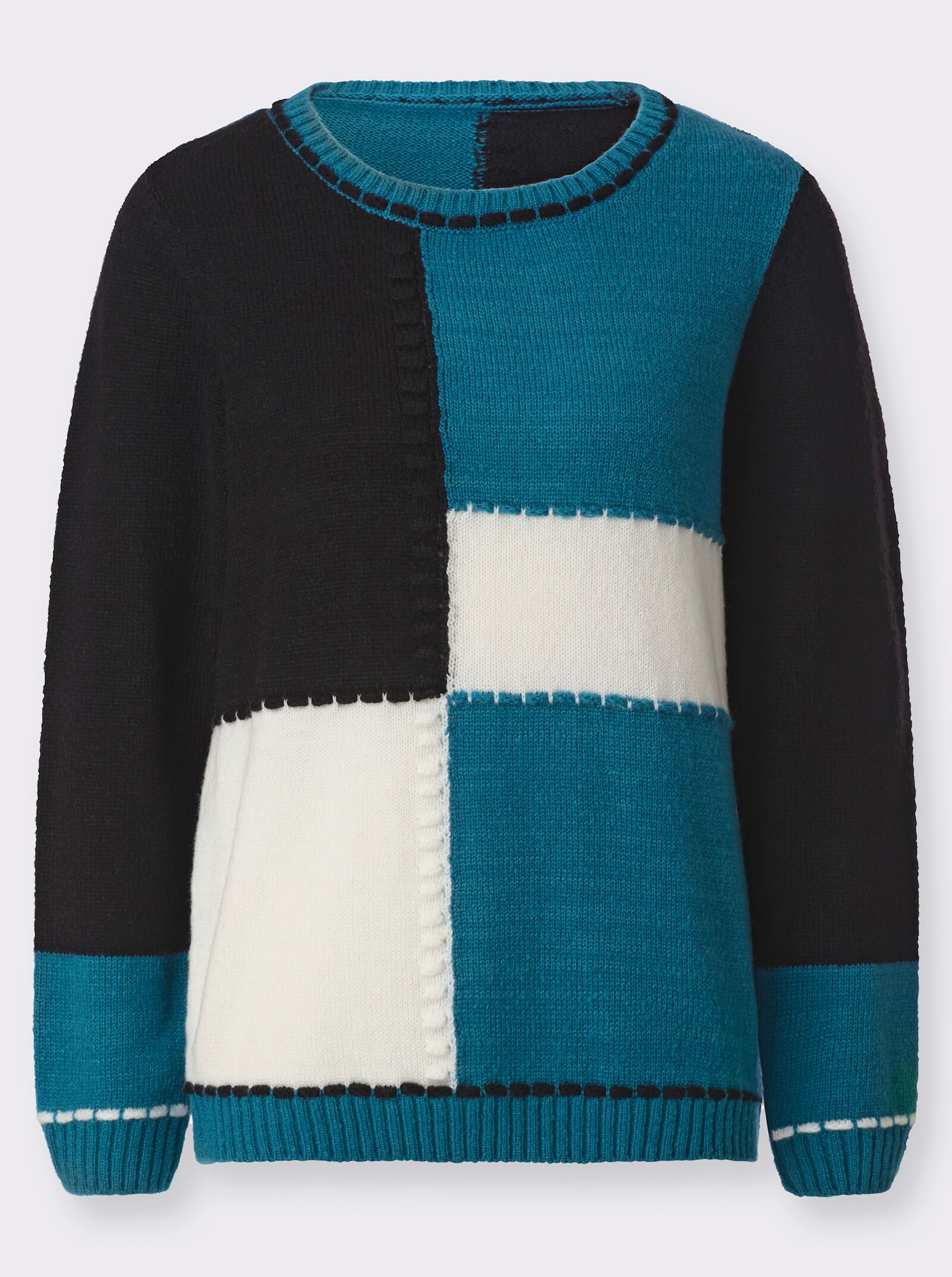 Langarm-Pullover in Colour-Blocking-Optik - aquapetrol-schwarz