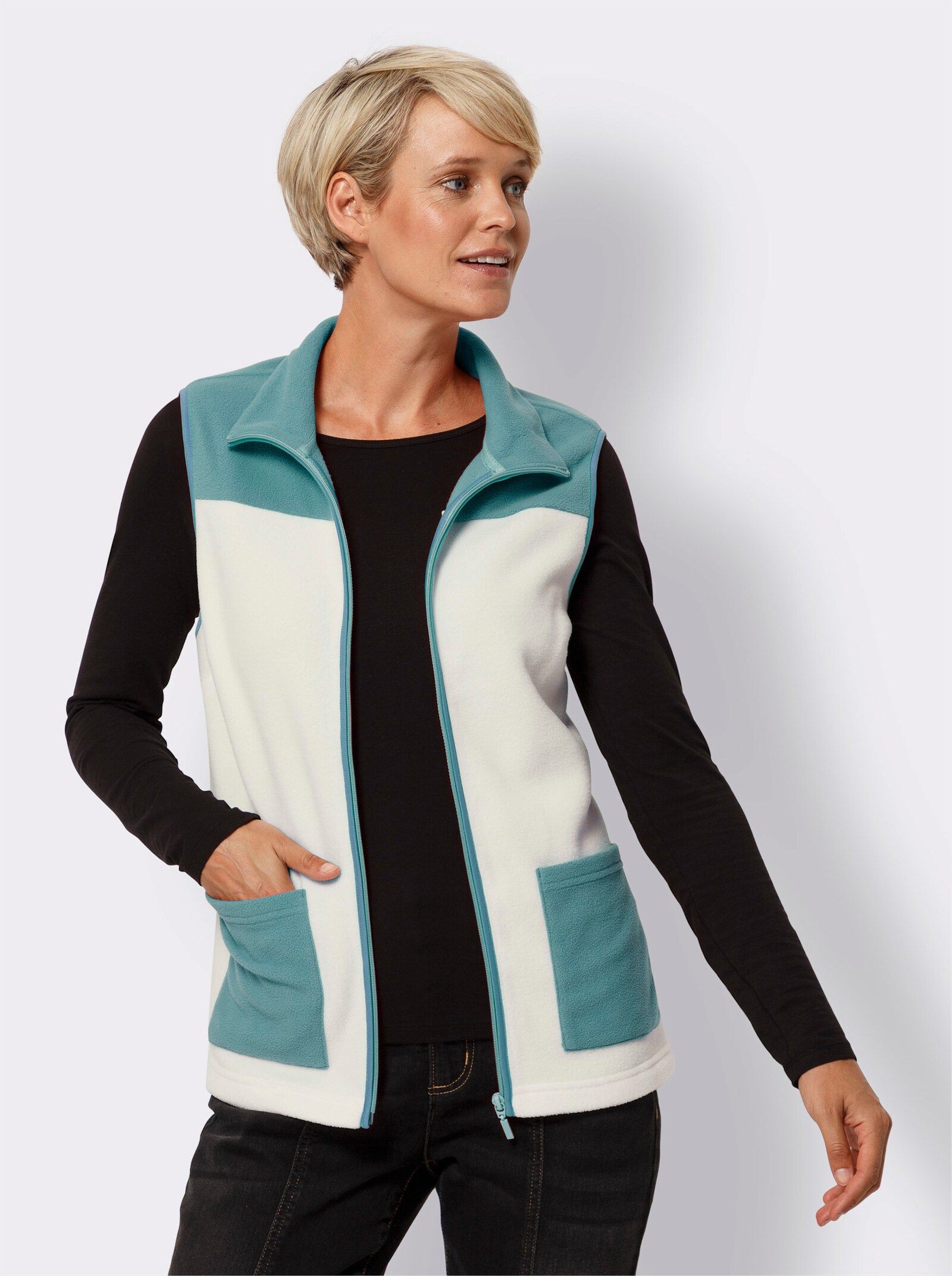 Fleecová vesta s kontrastními akcenty - ecru-mořská