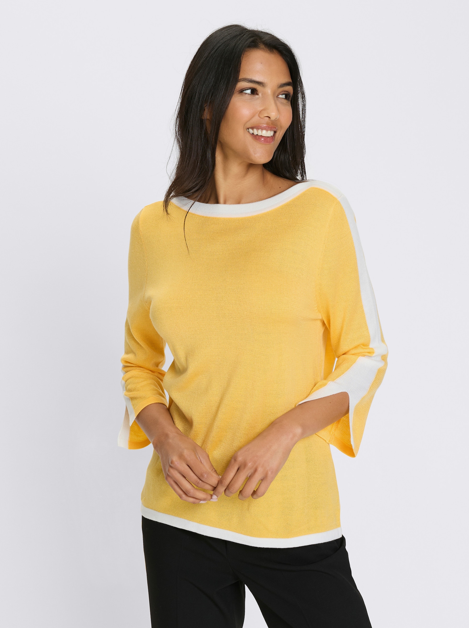 Pullover met 3/4-mouwen en contrastkleurige details - geel/wit