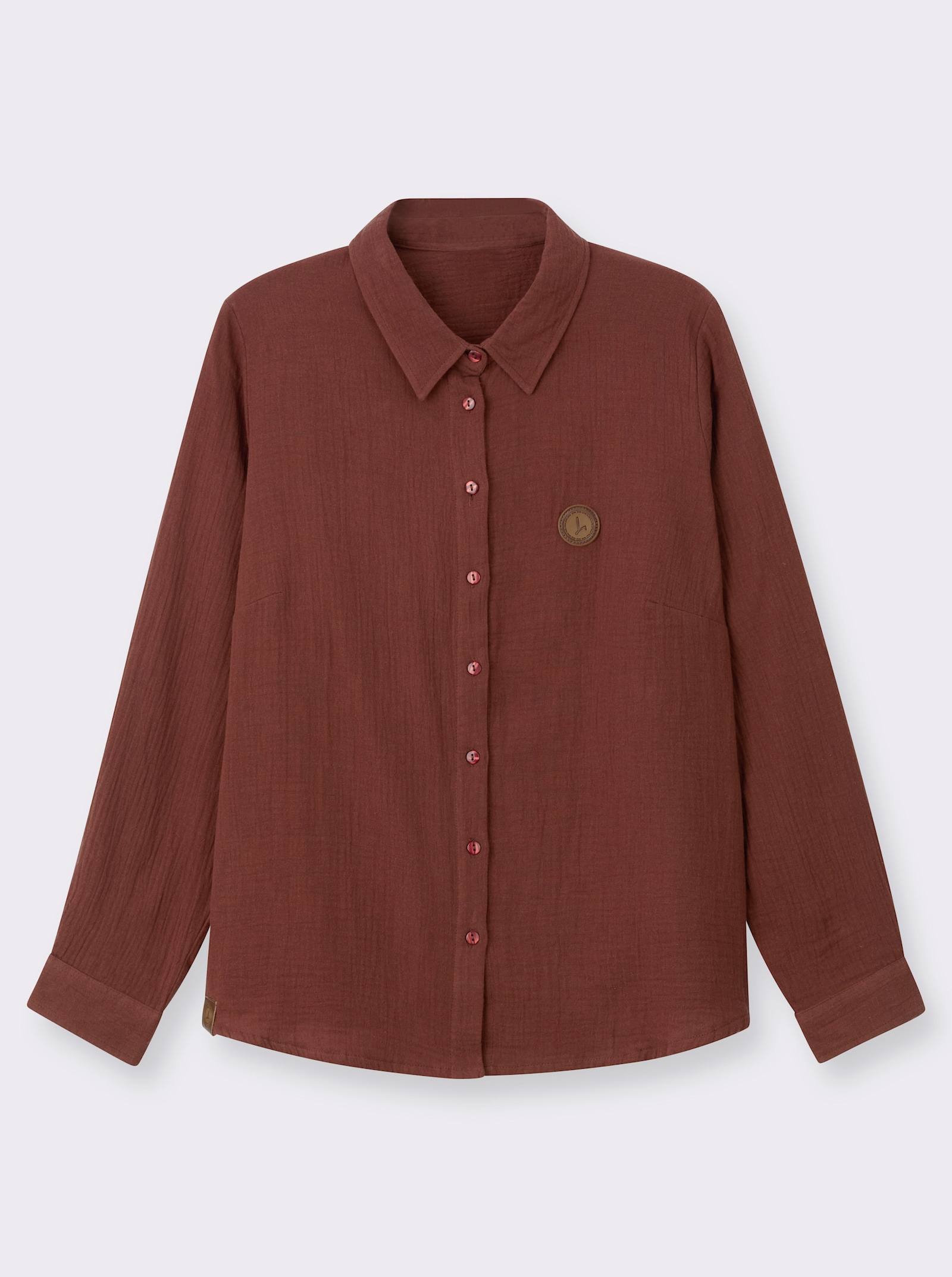 Baumwollbluse mit krempelbaren Ärmeln - rotbraun