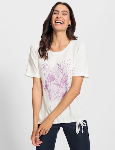 Kurzarmshirt mit weitenregulierbarem Saum - ecru-orchidee-bedruckt
