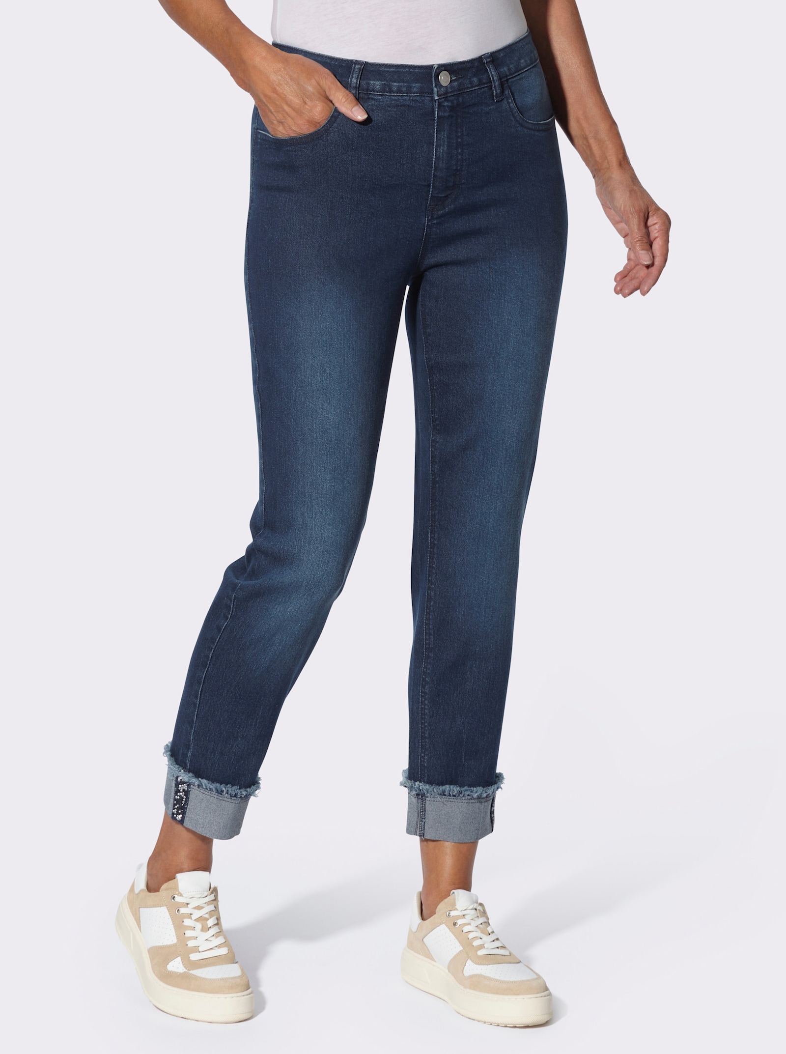 7/8-Jeans mit Fransen am Beinaufschlag - blue-stone-washed