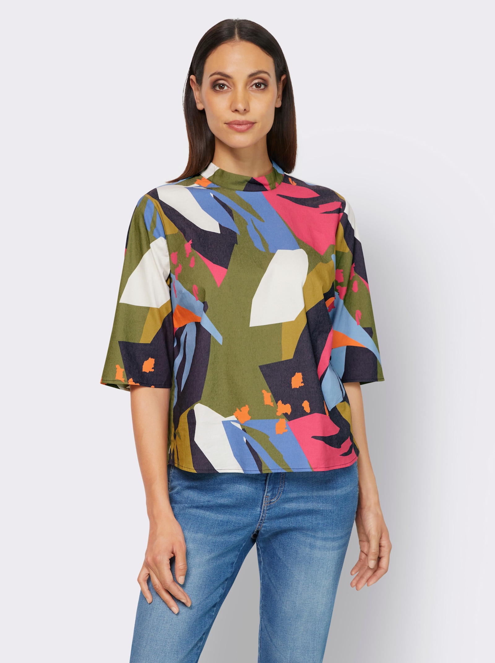 heine Schlupf-Bluse mit Stehkragen - oliv-pink-bedruckt