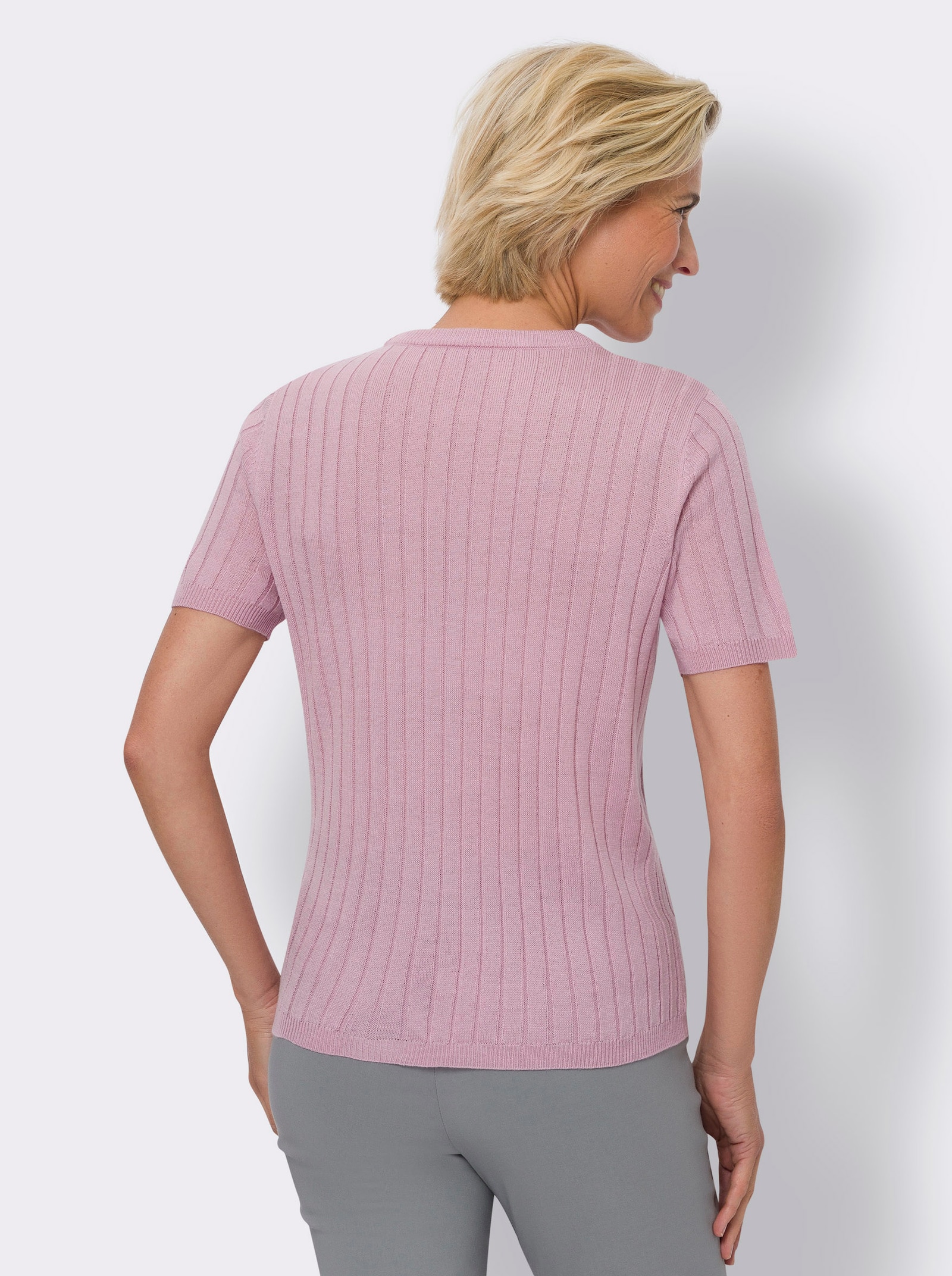 Svetr s krátkým rukávem a celoplošným žebrovaným vzorem - růžová