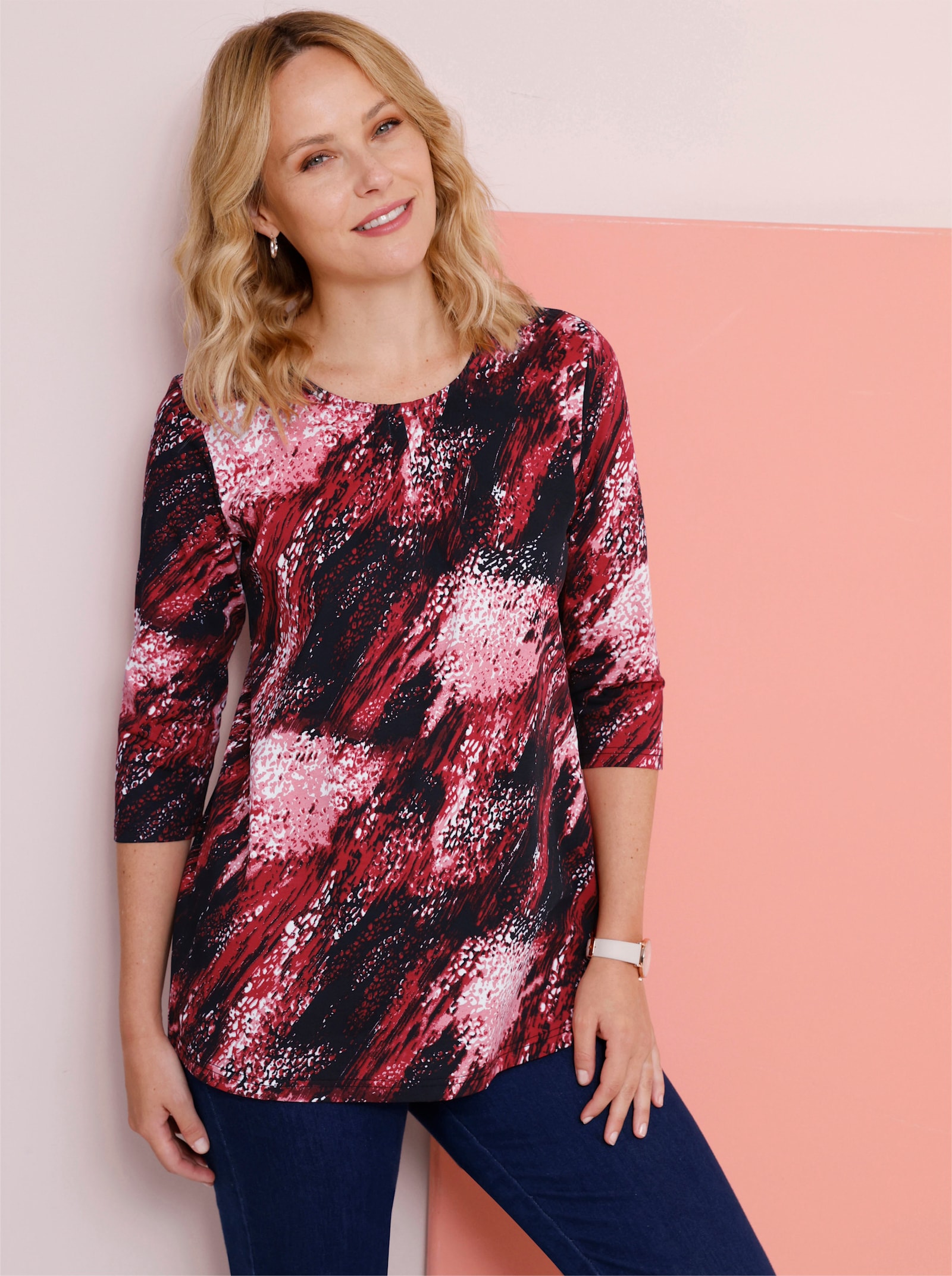 Lang shirt met 3/4-mouwen - zwart/kers geprint