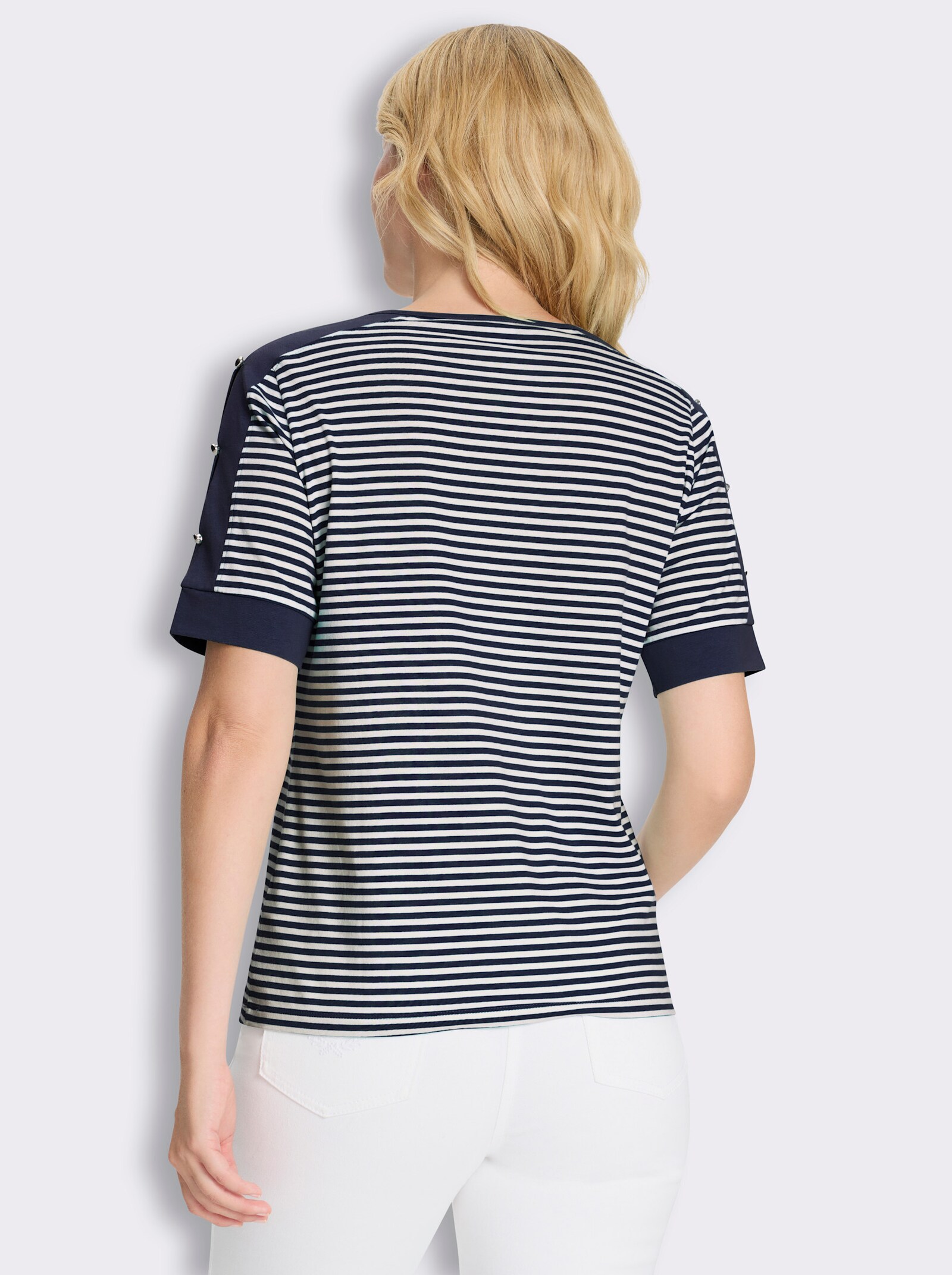 Kurzarmshirt mit Zierknöpfen - marine-ecru-geringelt