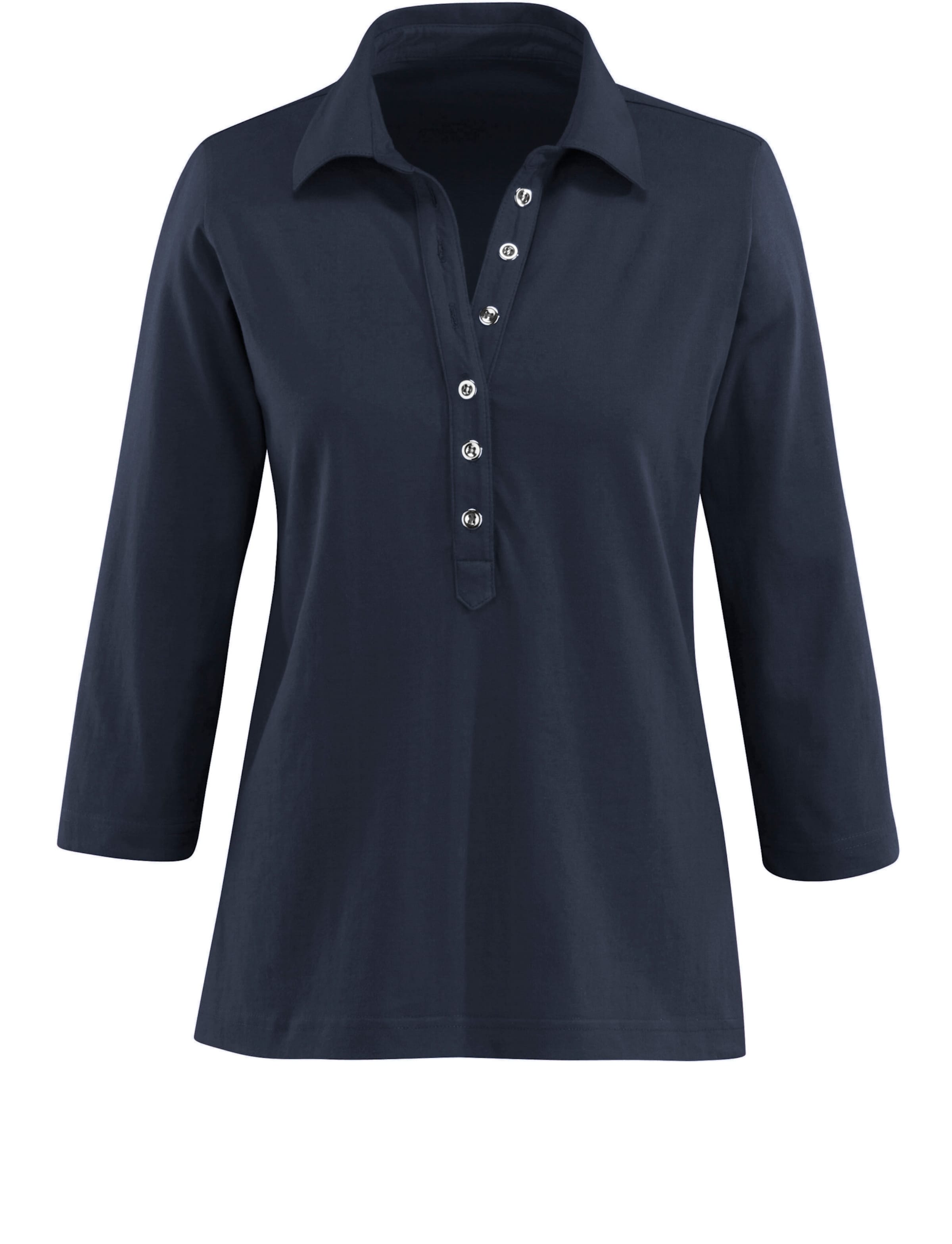Lang Shirt  günstig Kaufen-Poloshirt in marine von heine. Poloshirt in marine von heine <![CDATA[Poloshirt in weicher Qualität. Modisch lange Knopfleiste mit silberfarbenen Knöpfen. 3/4-­Ärmel. OCS-zertifiziertes Produkt.]]>. 