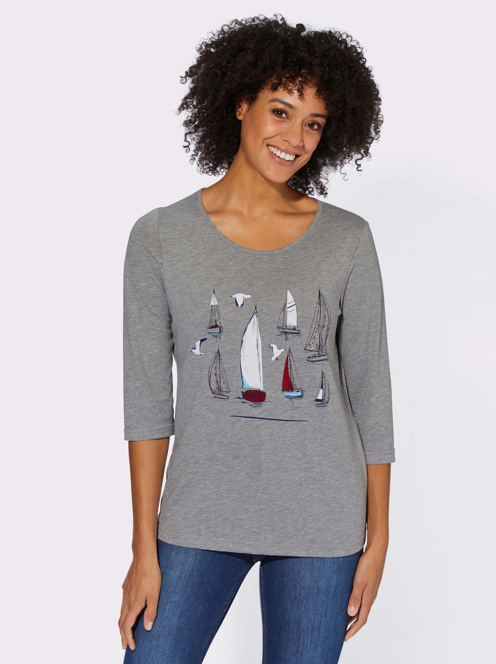 3/4-Arm-Shirt mit Segelboot-Motiv - steingrau-meliert