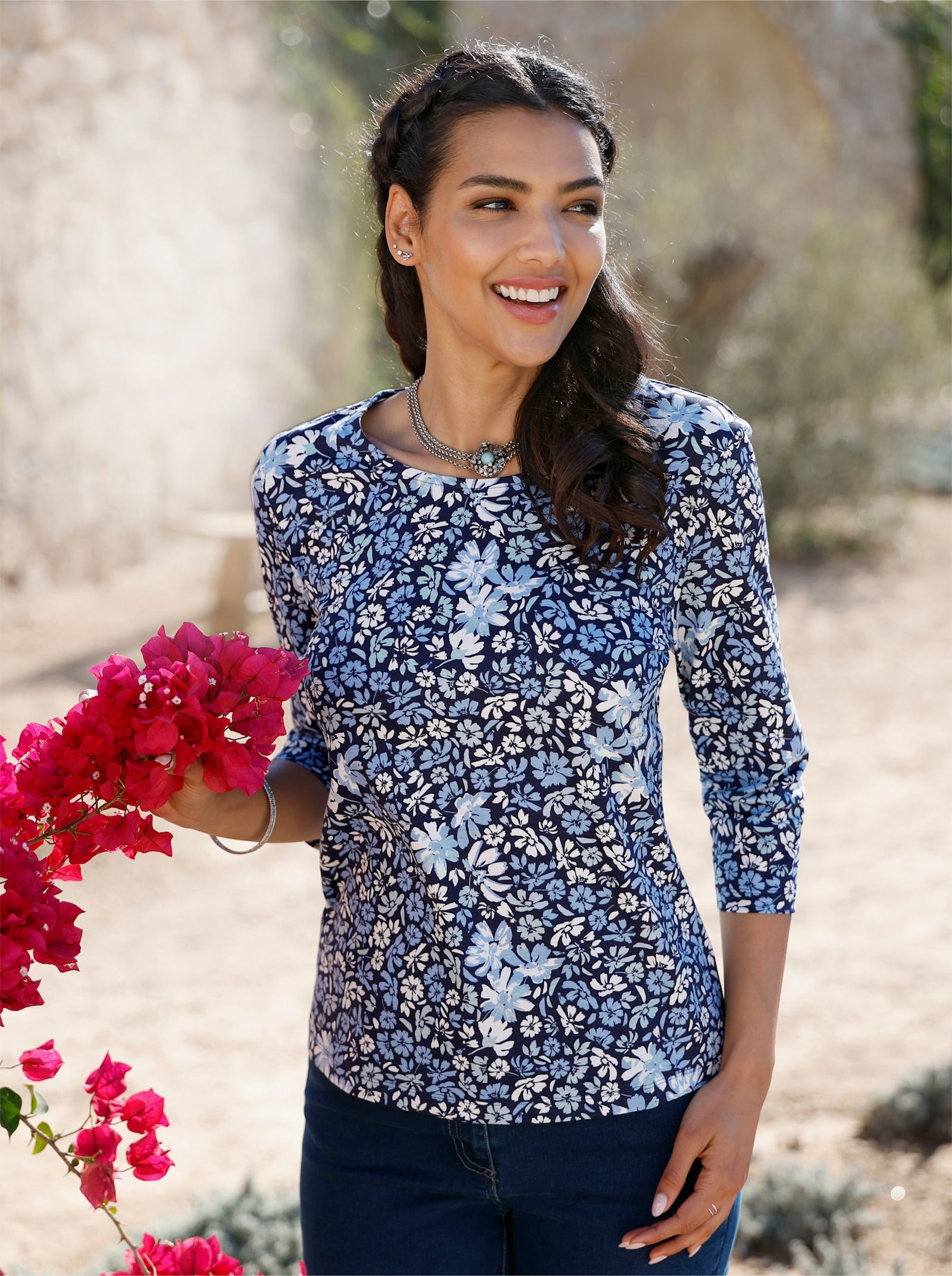 3/4-Arm-Shirt mit Blumenmuster - marine-himmelblau-bedruckt