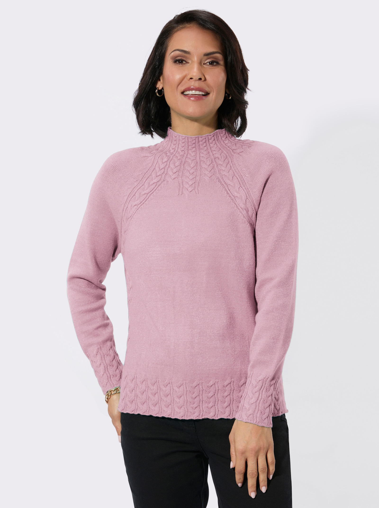 Stehkragenpullover mit Zopfmuster vorn - rosé