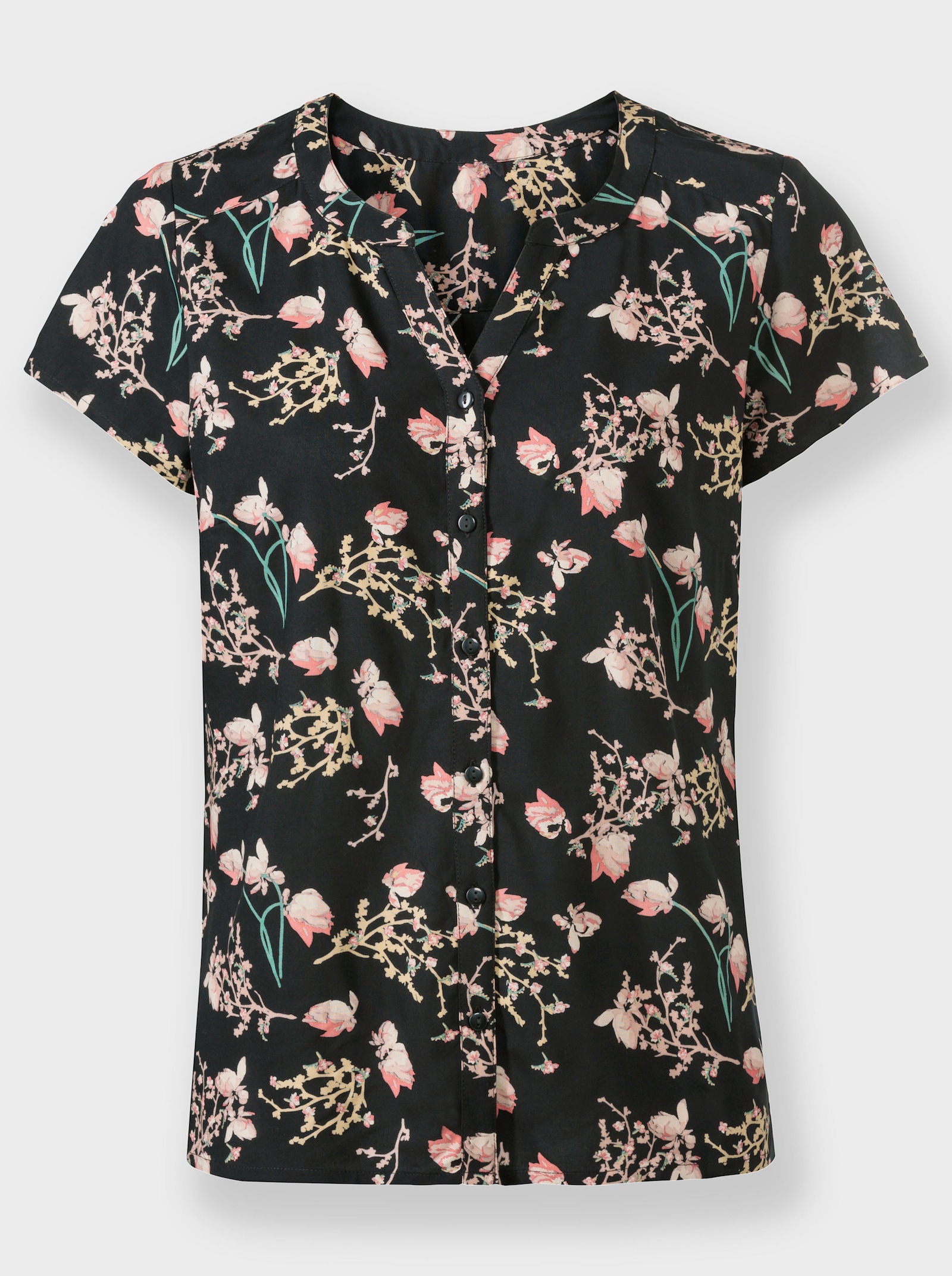 Kurzarm-Bluse mit floralem Druck - schwarz-weiss-gemustert