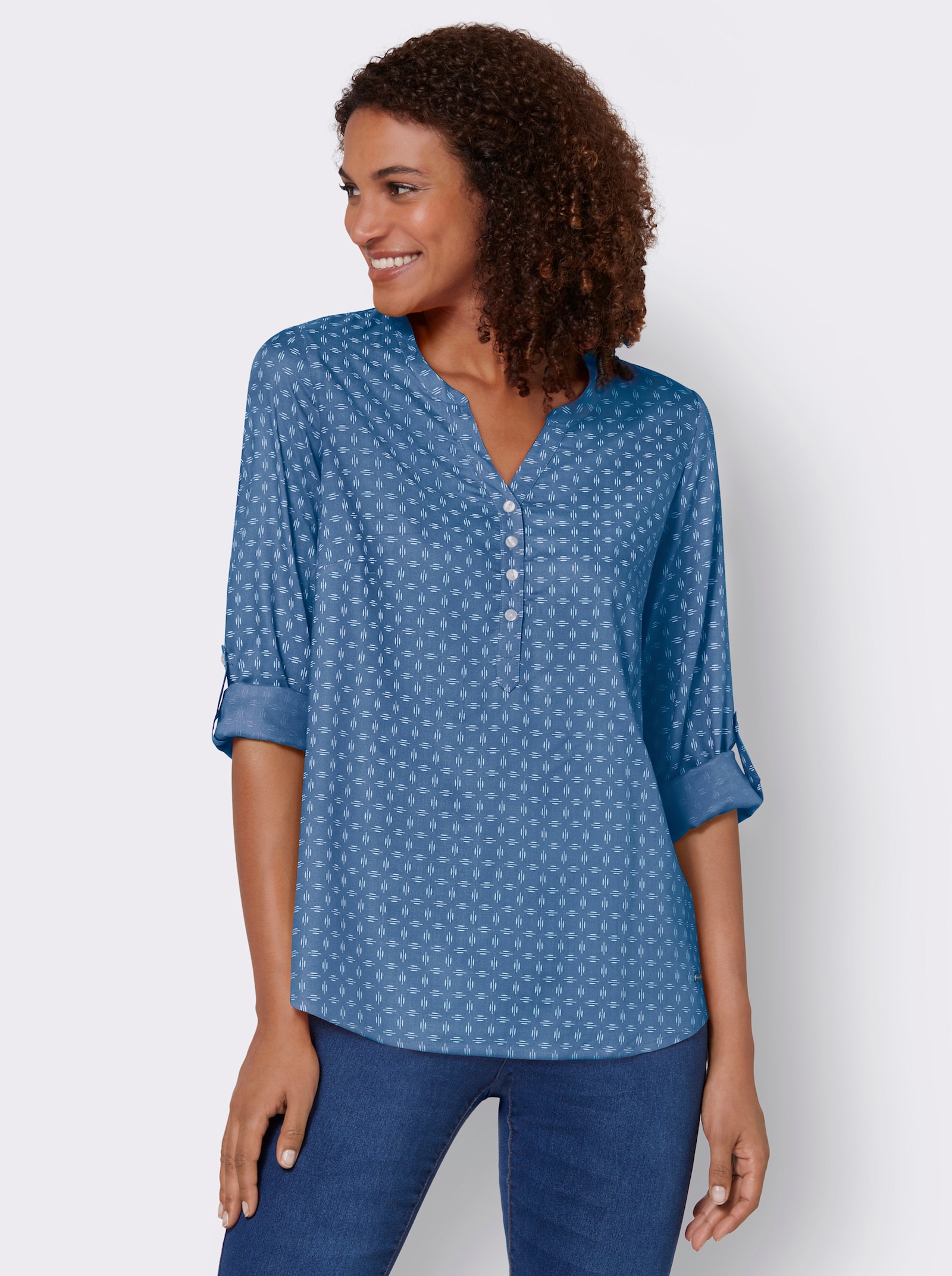 Schlupf-Bluse mit Minimal-Muster - mittelblau-weiß-bedruckt