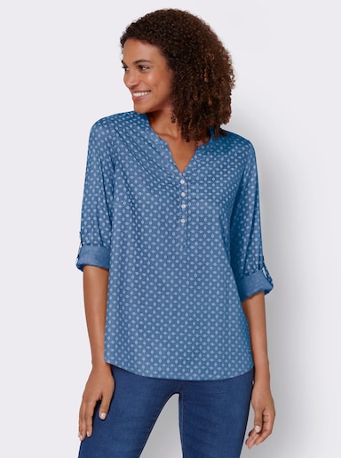 Schlupf-Bluse mit Minimal-Muster - mittelblau-weiß-bedruckt