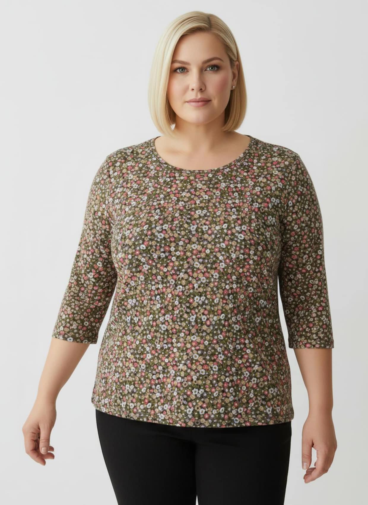 Print-Shirt mit Rundhals-Ausschnitt - grapefruit-oliv-bedruckt