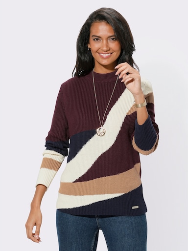 Strickpullover mit Stehkragen - burgund-champagner-gemustert