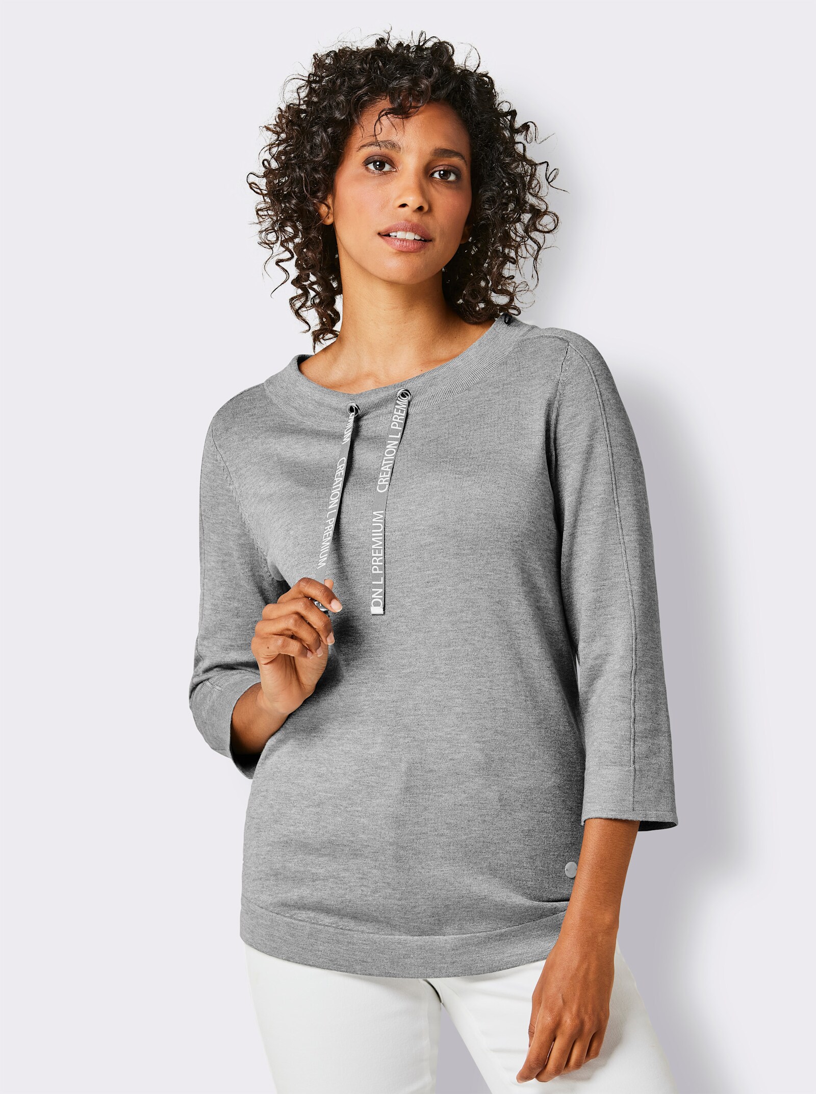 CREATION L PREMIUM Rundhalspullover mit Tunnelzug - steingrau-meliert