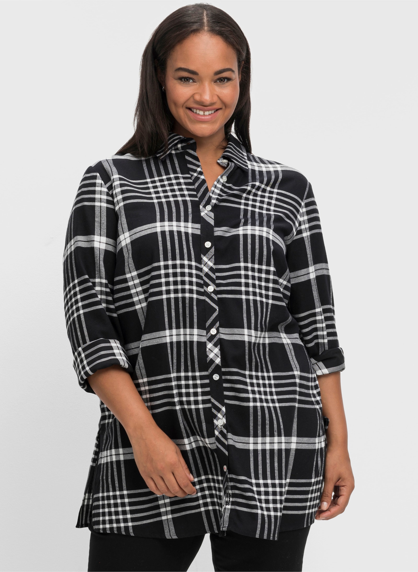 sheego Lange blouse met ruitpatroon - zwart geruit