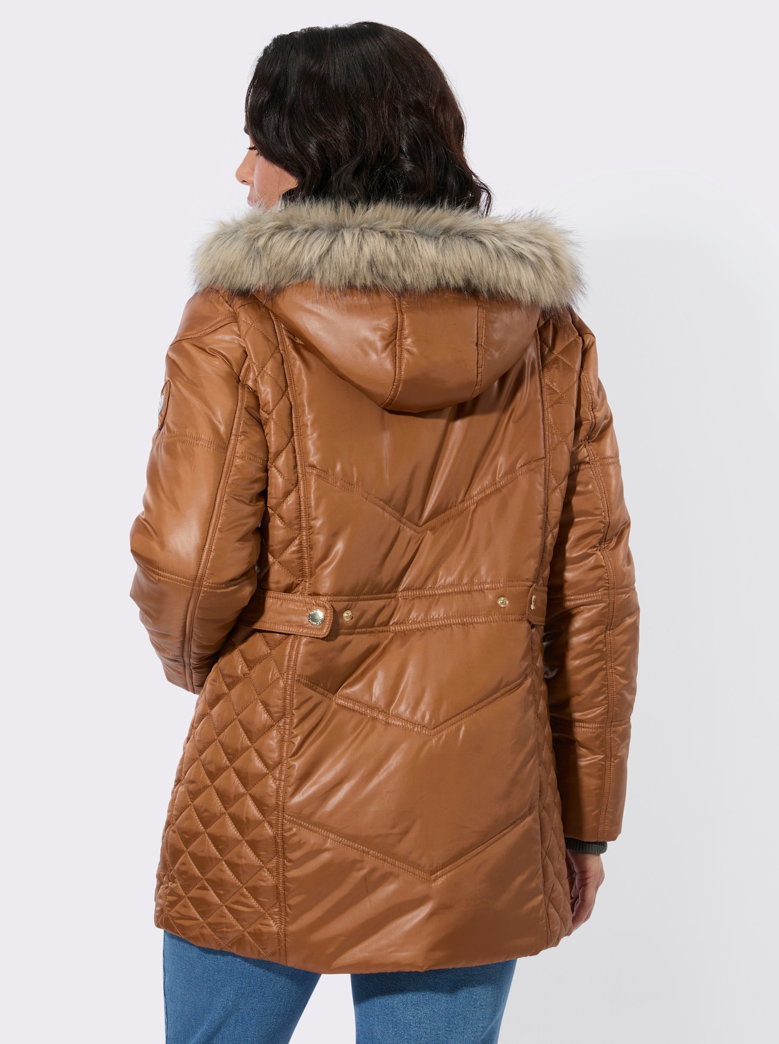 Steppjacke mit Kapuze mit Pelz-Imitat - cognac